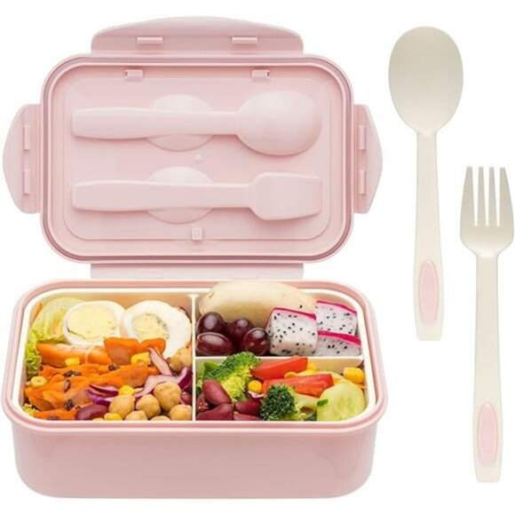 Bento Lunch Box 3 Compartment Meal Prep Container with Fork Spoon BPA Free - Picture 7 of 7